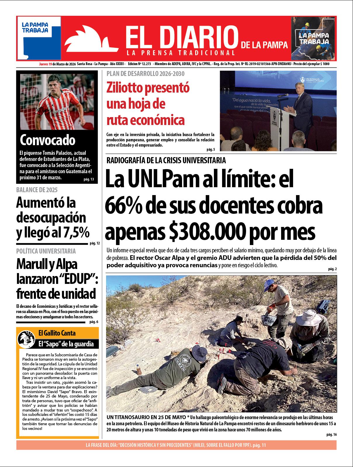 Tapa de El Diario en papel  jueves 19 de marzo de 2026